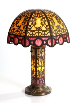 Attributed to Riviere Studios Brass and Slag Glass Lamp