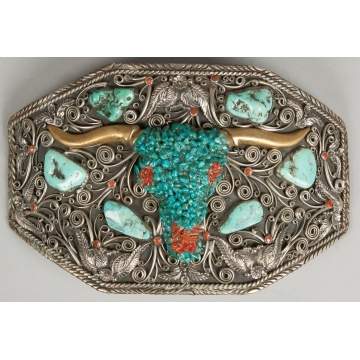 Vintage Navajo Silver, Encrusted Turquoise & Coral Buckle
