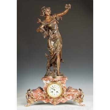 French Marble & Patinaed Metal Shelf Clock