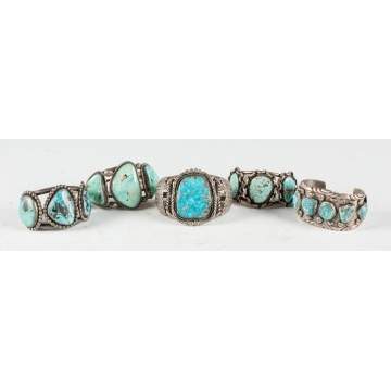 Five Vintage Navajo Silver & Turquoise  Bracelets 