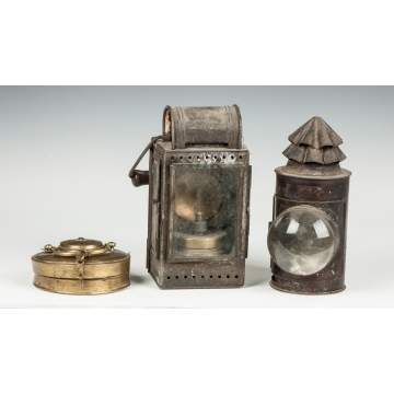 Collapsible Brass Candle Lantern & Two Early Tin Lanterns