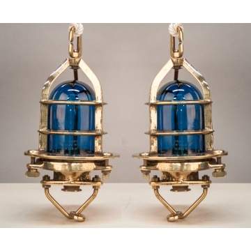 Two Vintage British Convy Brass Ship's Lights with Blue Globes