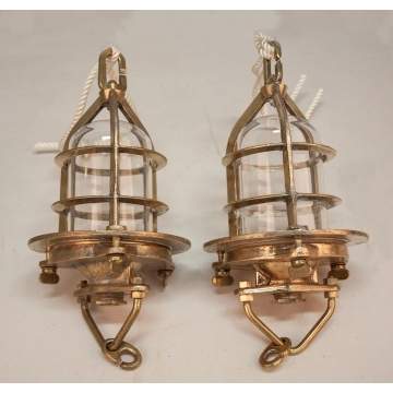 Two Vintage British Convoy Brass Ship's Lights with Clear Globes