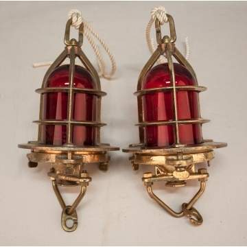 Two Vintage British Convoy Brass Ship's Lights with Red Globes
