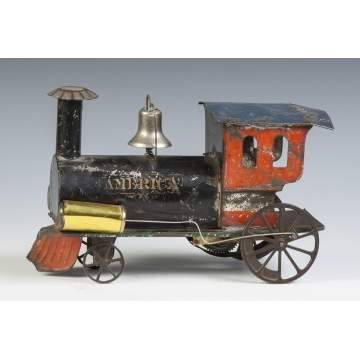 "America" Early Painted Tin Clock Work Locomotive