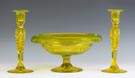 Cut Glass Vaseline Color Compote & Matching Candlesticks