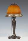 Handel Patinaed Metal Lamp Base with a Steuben Intarsia Decorated Shade