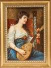 German Painting on Porcelain of Young Lady with Mandolin