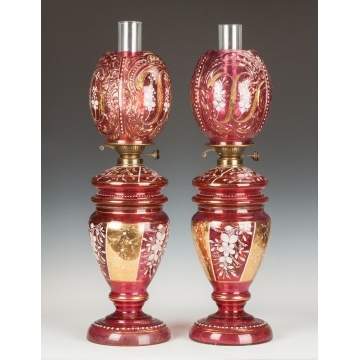 Pair of Victorian Cranberry Enameled & Gilded Oil Lamps