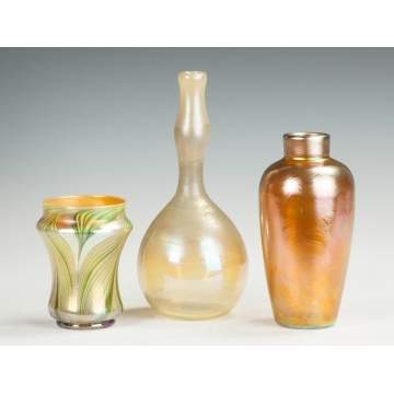 Two Tiffany Vases & Unsigned Iridescent Gold Vase
