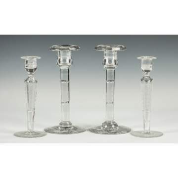 Two Pairs of Hawkes Engraved Glass Candlesticks