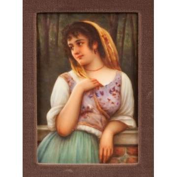 German Hand Painted Porcelain Plaque of a Young Lady
