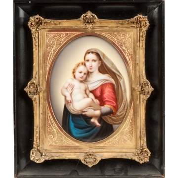 German Hand Painted Porcelain Plaque of Madonna & Child