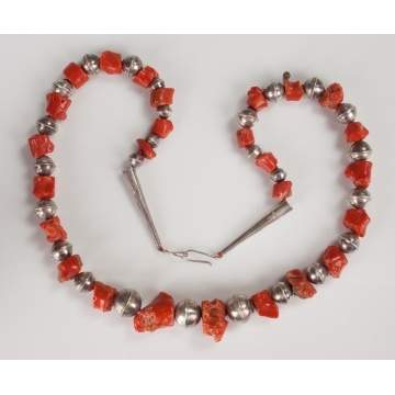 Red Coral and Silver Graduated Beaded Necklace