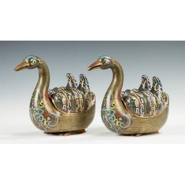 Pair of Chinese Bronze & Cloisonné Duck Censors