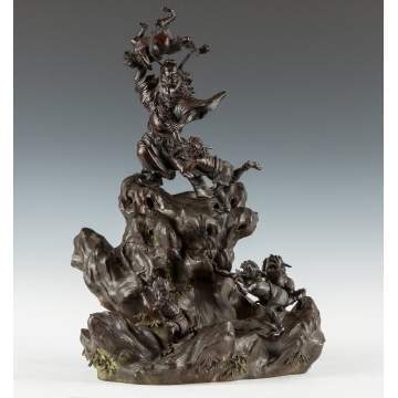 Japanese Patinaed Bronze Incense Burner, Group of Oni