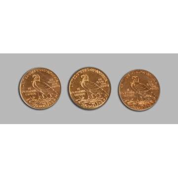 Three Gold Indian Head 2 1/2 Dollar Coins