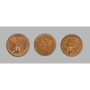 Two Gold Indian Head & One Liberty Head Five Dollar Coins