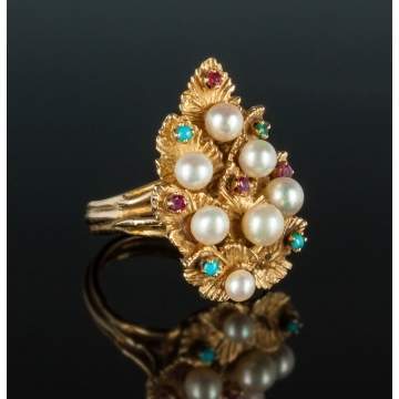 14K Gold, Pearl & Gemstone Ring