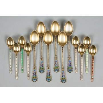 Six Sets of Sterling Silver & Enameled Demitasse Spoons