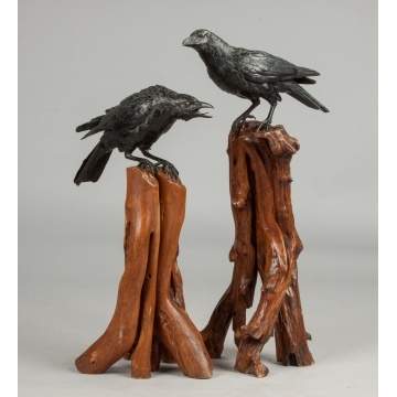 Pair of Japanese Bronze Crows