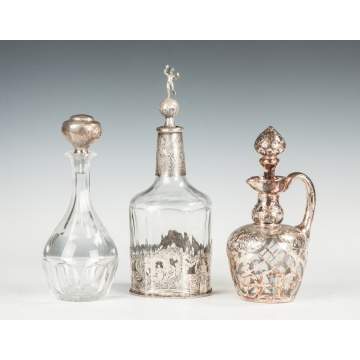 Three Decanters with Silver Stoppers and Overlay