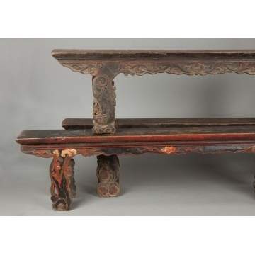 Three Chinese Carved & Painted Benches