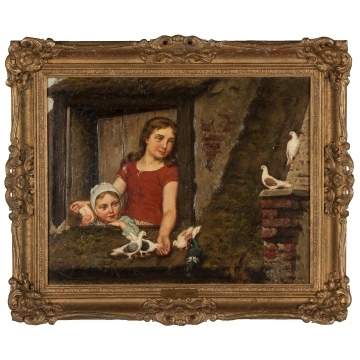 Edward Farasyn (Belgian, Active 19th century) Children Feeding Pigeons