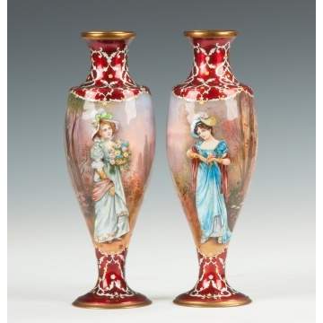Pair of French Vases, Enamel on Copper 