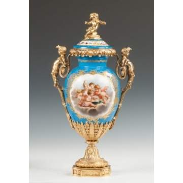 Sevres Hand Painted Porcelain & Gilt Bronze Covered Urn