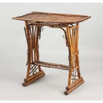 Unusual Carved Wood & Bamboo Art Nouveau Side Table