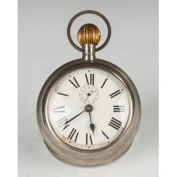Nickel Plated Tin Pocket Watch Form Alarm Clock