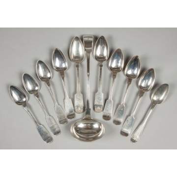 Group of Coin Silver Serving Spoons and a Silver Plate Ladle