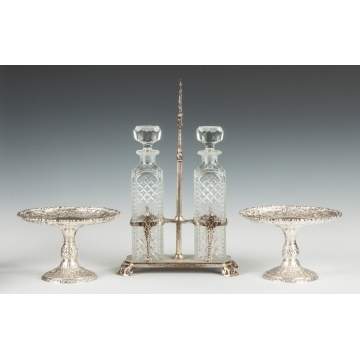 Silver Plate Repousse Tazzas & a Silver Plated Decanter Set with Etched & Cut Glass Bottles