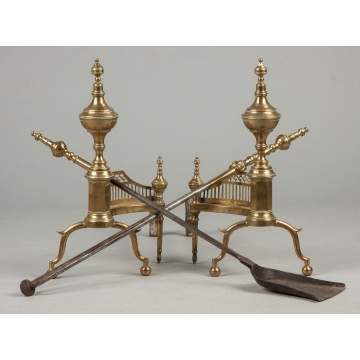 Pair of NY Brass Andirons with Shovel & Tongs