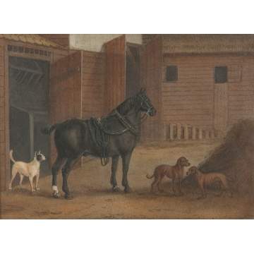 Horse and Dogs near Stable