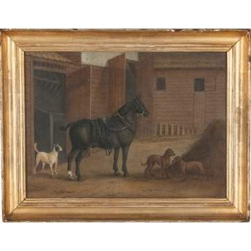 Horse and Dogs near Stable
