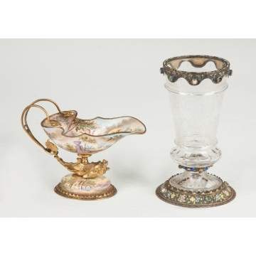 Enameled Viennese Cabinet Piece & Enameled on Silver Vase