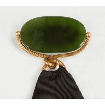 Chinese Spinach Jade 14K Gold Watch Fob with Dragon