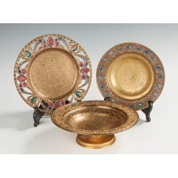 Tiffany Studios Bronze & Enameled Compote and Two Plates
