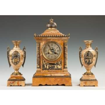 Achille Brocot, French, Mixed Metal & Marble 3-Piece Clock Set with Asian Motifs