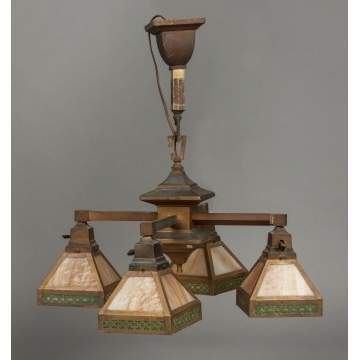 Arts & Crafts Brass & Stained Glass 4-Light Hanging Fixture, Probably Bradley & Hubbard