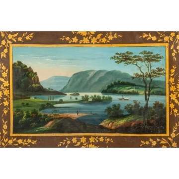 Rare Toleware Tray with Hudson River School Style Painting of Paddlewheel Boat