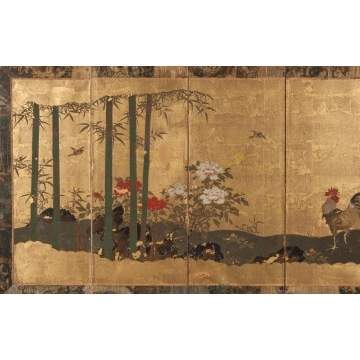 Japanese Painted & Gold Leafed Table Screen