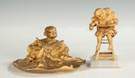 Patinaed Brass Inkwell & Child in Highchair Sculpture 