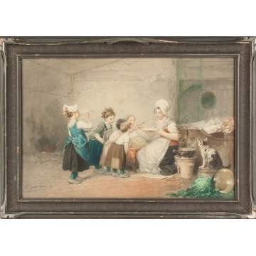 Watercolor of a Mother feeding children