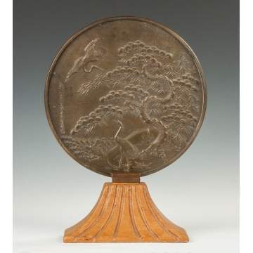 Asian Relief Bronze Mirror with Herons in Landscape