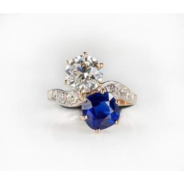 Kashmir Sapphire and Diamond Ladies Vintage Ring, Platinum and Gold Setting