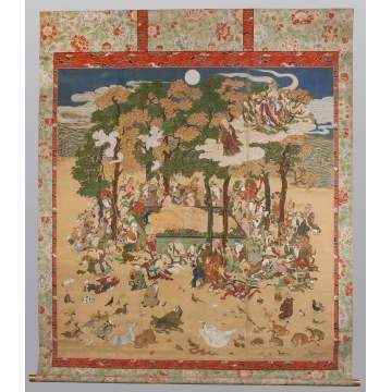 Japanese The Mourning of Buddha "Nehan" Painting on Silk