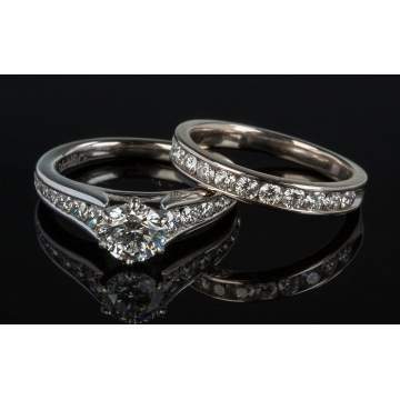 14K White Gold and Diamond Engagement Ring and Band